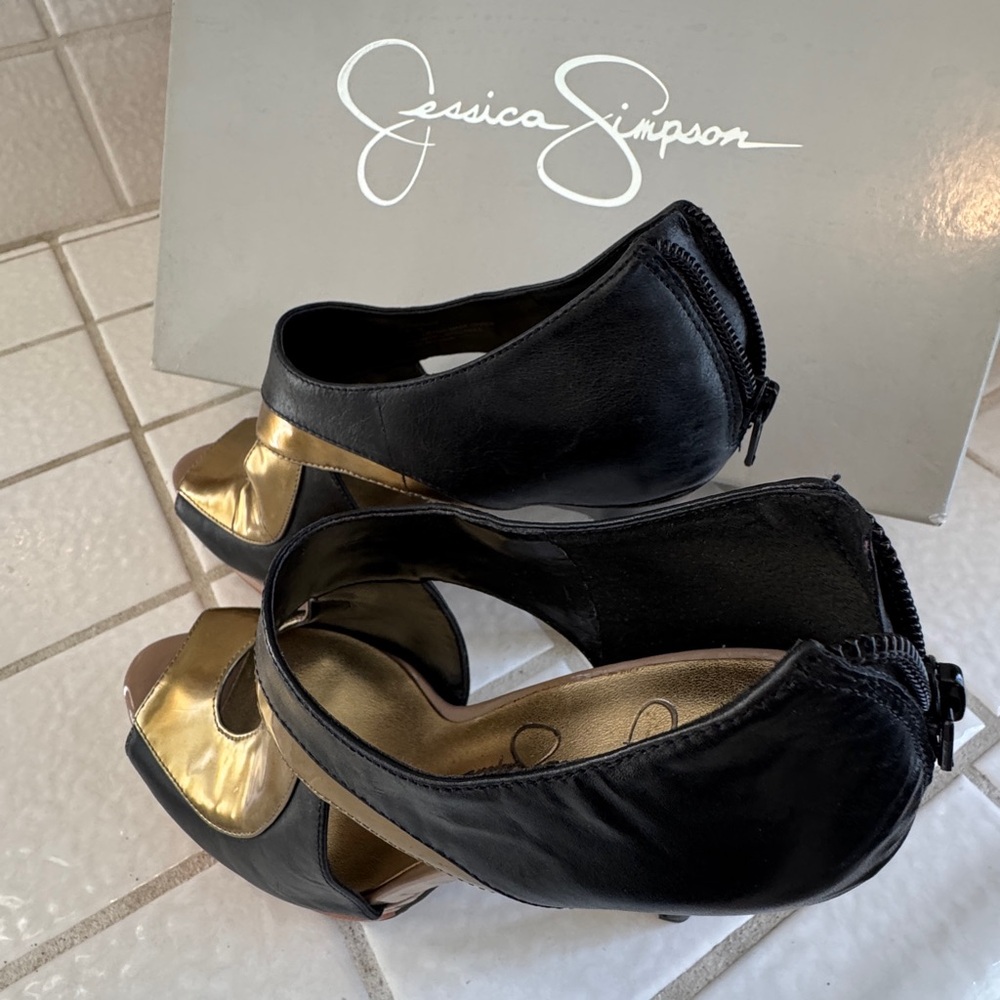 Jessica Simpson Black and Gold Cutout High-Heel Sandals - Picture 5 of 6